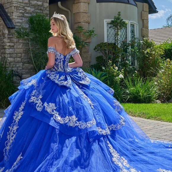 New Royal Blue Quinceanera Tulle Gown w/ Layered Gown w/ Boned Bodice GL3805 - Picture 8 of 13
